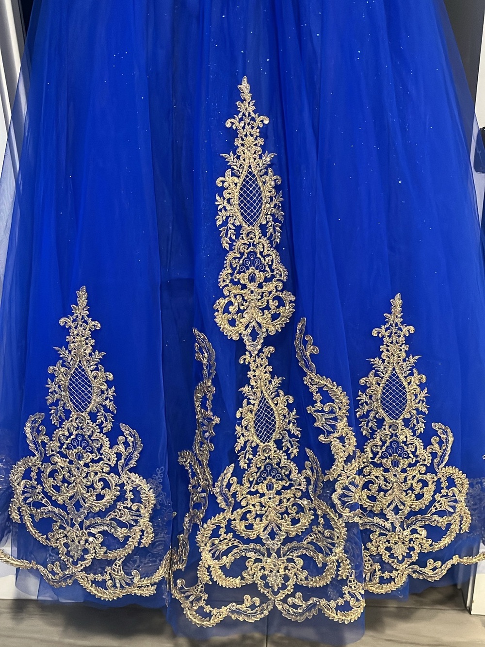 Royal Blue Tulle Gown with Gold Embroidery